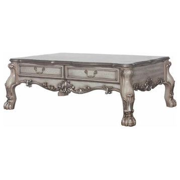 Traditional Coffee Table, Carved Legs With Scalloped Rectangular Top, White Bone