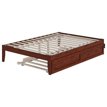 Full Platform Bed With Trundle, Hardwood Frame With Slatted Support, Walnut