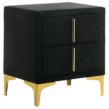 Bios 24 Inch Nightstand 2 Drawers Black Vegan Faux Leather Gold Accents