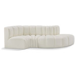 Meridian Furniture - Arc Vegan Leather Upholstered 4-Pc. S-Shaped Modular Sofa, Cream - Unleash modern opulence with the Arc Vegan Leather 4pc. Sectional. Crafted for the modern connoisseur, this Sectional injects an air of refined luxury into any space. Its sleek silhouette, upholstered in supple cream vegan leather, exudes timeless sophistication while the deep channel tufting adds textural intrigue, further elevating the chair's visual appeal. The modular design makes it a versatile chameleon, effortlessly adapting to your evolving needs and preferences. Whether you envision it gracing a chic living room corner, basking in the glow of a bedroom window, or adding a touch of drama to a home office, the Arc seamlessly complements your unique interior aesthetic.