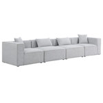 Meridian Furniture - Cube Upholstered Modular Sofa, Gray, 4-Piece: 2 Armless Chair, 2 Corner Chair, Linen Texured Fabric - Treat yourself to some long overdue "me time" when you're seated on this Cube 4-Piece Modular Sofa. This beautiful modular unit is both eye-catching and elegant, features durable linen textured upholstery in a soft grey color that meshes well with nearly any existing color scheme. Pair this modular Sofa with other items in the same collection to create an unlimited number of combinations and enjoy the custom seating arrangement of your dreams. Latches underneath make it easy to attach pieces to one another.