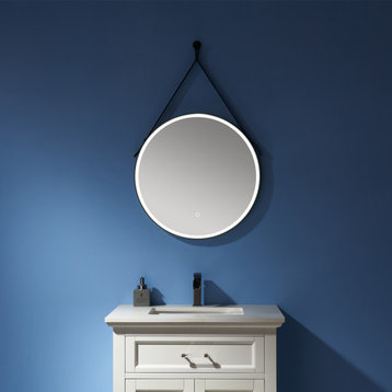Hanging Traditional Black Leather Round Wall Mirror, 24"
