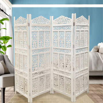 Traditional Room Divider, Wood Construction With Unique Carved Accents, White