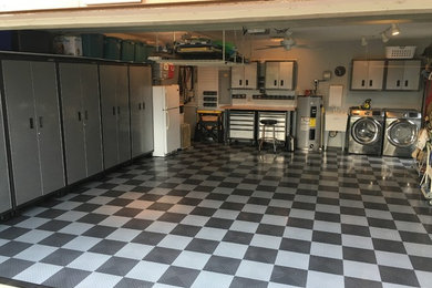 Garage floor tiles and metal cabinets
