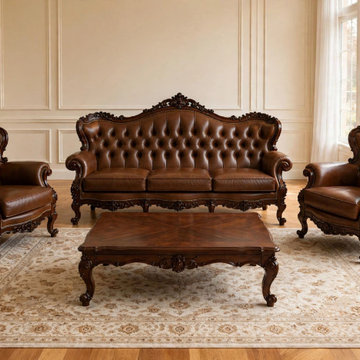 Handcrafted Solid Teak Wood Leather Sofa Set | Traditional Living room furniture