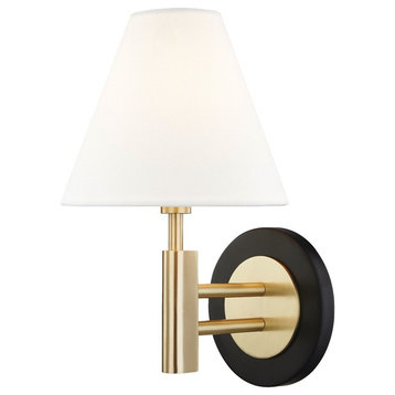 Robbie 1-Light Wall Sconce, Aged Brass & Black Finish, Off White Linen Shade
