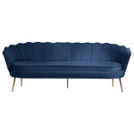 Meridian Furniture - Gardenia  Velvet Upholstered Sofa, Navy - Turn heads in an instant when you add this Gardenia velvet sofa to your room. This attention-demanding sofa features a shell-shaped back with deep channel tufting for added textural appeal. The round seat cushion is deep and generously sized, so you have wiggle room to get comfortable. Soft navy velvet upholstery covers the entire sofa except for its legs, which are made from chrome for durability and finished in gold for a touch of glam.