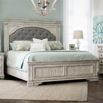Highland Park Rustic Ivory Wood Upholstered Panel King Bed