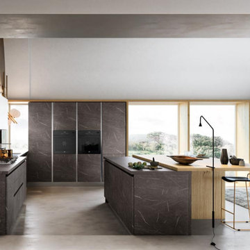 Modern kitchen with wood and marble look cabinet finish