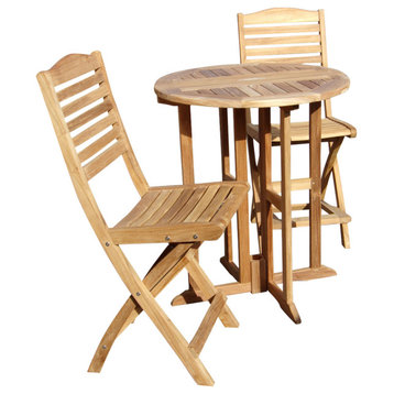 Teak 32" Round Folding Counter Table With 2 Folding Chairs