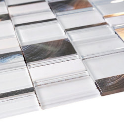 Glossy and Matte White With Aluminum Random Brick Rectangle Pattern Glass Mosaic - Home Decor