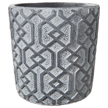 Cement Pot Embossed Interlocking Shapes Design Washed Gray Finish, Large