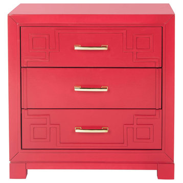 Contemporary Nightstand, 3 Storage Drawers With Greek Key Patterned Front, Red