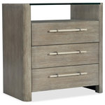Hooker Furniture - Affinity Three-Drawer Nightstand - Organic and understated with a casual modern appeal, the Affinity Three-Drawer Nightstand contrasts a greige sand-blasted finish on Quartered Oak Veneers with a glass top shelf, accented by cream and pewter bar pulls. There�s a touch dimmer switch for your lamp.