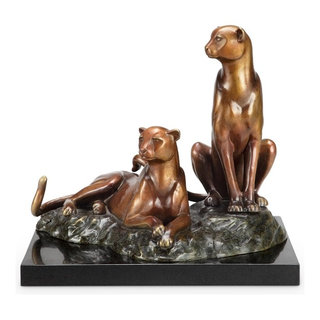 Alert Hand Painted Brass Cheetah Couple Statue on Marble Base