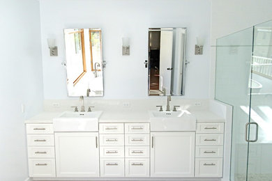Example of a minimalist white tile and subway tile ceramic tile and beige floor freestanding bathtub design in Los Angeles with shaker cabinets, white cabinets, white countertops, a vessel sink and gray walls