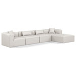 Meridian Furniture - Cube Upholstered Modular Sectional, Cream, 5-Piece: 2 Armless Chair, 2 Corner Chair, 1 Ottoman, Vegan Leather - Elevate your space with the luxurious Cube Vegan Leather Modular Sectional. This modular sectional exudes modern elegance, charm, and comfort making it a perfect addition to any contemporary living space. Its clean lines and cube shape are reminiscent of minimalist design, while the plush cream vegan leather upholstery adds a touch of luxury and sophistication. The chair's versatile construction and geometric aesthetic seamlessly integrate into various design styles, from sleek living rooms to chic home offices, embodying the essence of modern design and creating a sense of order and tranquility in your space.