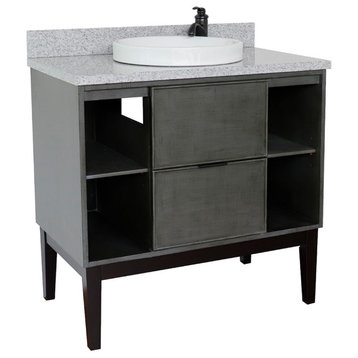 37" Single Vanity, Linen Gray Finish With Gray Granite Top And Round Sink