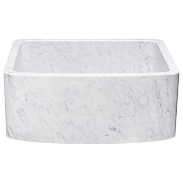 24" Farmhouse Kitchen Sink, Curved Front, Carrara White Marble, White