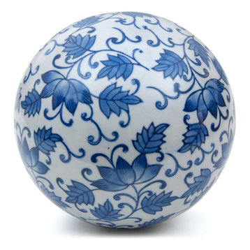 6" Decorative Porcelain Ball, Blue Leaves