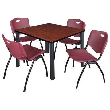 Kee 42" Square Breakroom Table, Cherry, Black and 4 'M' Stack Chairs, Burgundy