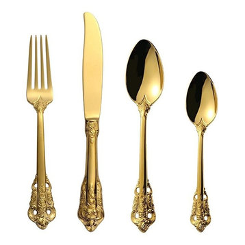 24-Piece Vintage 18K Gold Plated Stainless Steel Silverware Set, 6 Settings