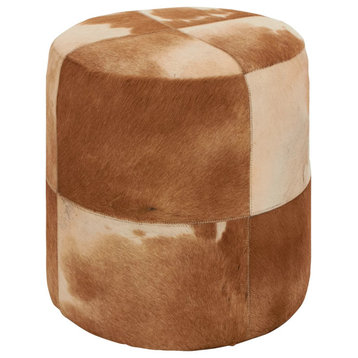 Modern Ottoman/Stool, Animal Patchwork Leather Upholstery, Brown/Round