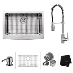 Contemporary Kitchen Sinks 30" Farmhouse Stainless Steel Kitchen Sink, Pull-Down Faucet CH, Dispenser