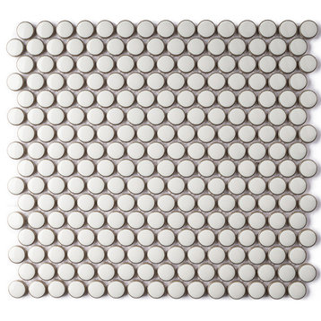 JAPM White Glazed Polished Penny Round Porcelain Mosaic Tile, White
