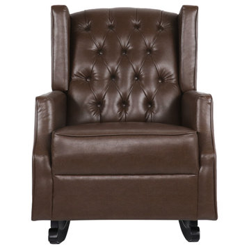 Amedou Faux Leather Tufted Wingback Rocking Chair, Dark Brown