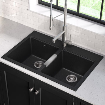 33" Drop-In Undermount Granite Composite 50/50 Double Bowl Kitchen Sink