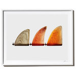 Timothy Hogan Studio - "Jeff Ho Single Fins", Surf Art Photograph, White Frame, 14''x18'' - Orange Jeff Ho Single Fins, photograph by Timothy Hogan. The warm orange color of the surfboard fins in this fine-art photograph by Timothy Hogan is a rich addition to any room, while the translucent texture of the fiberglass evoke a hand-made aesthetic. The legendary Jeff Ho - of Dogtown and Z-Boys fame - has experimented with a wide variety of board designs, tail shapes and fins. These orange fiberglass keel fins from the early 1970's were often cut on the trailing edge to produce a distinct flex feel, allowing the surfer to creatively express themselves on the wave.
