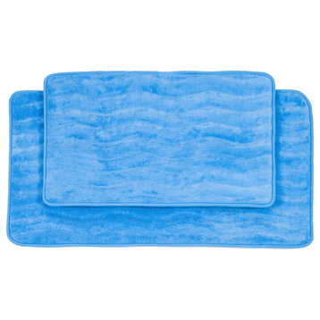 Lavish Home 2 Piece, Memory Foam Striped Bath Mat Set, Blue