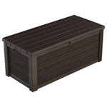 Keter - Eastwood 150 Gallon Outdoor Storage Deck Box by Keter - The Eastwood 150-gallon deck box by Keter features a wood like texture, but it is a durable resin that will never peel, rot, or fade like real wood. It is low to the ground for extra seating, and the resin material is ideal for extra sturdy storage needs. With the UV protected exterior, you can safely store a variety of materials in this lockable poolside Keter deck box. Vents will keep any plastic or liquid materials from storing musty smells and keep the deck box open to air flow. The vent feature is especially useful when storing toys, or cushions that may be damp.