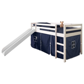 Donco Kids Twin Solid Wood Mission Low Loft Bed with Blue Tent in White