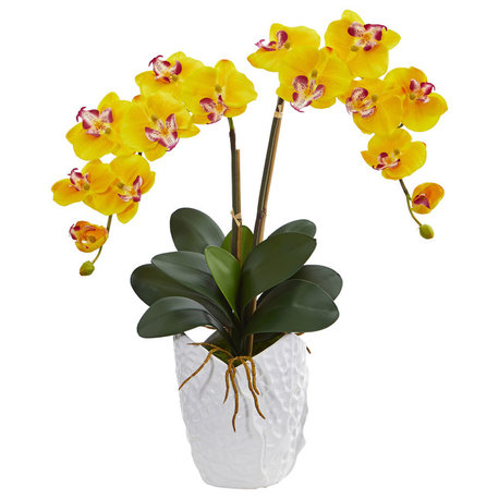 Double Phalaenopsis Orchid Artificial Arrangement, White Ceramic Vase