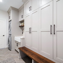 stackable washer dryer and sink in mudroom. Farmhjouse sink needs to be