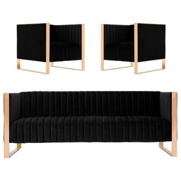 Manhattan Comfort Trillium 3-Piece Velvet Sofa & Armchair Set in Black
