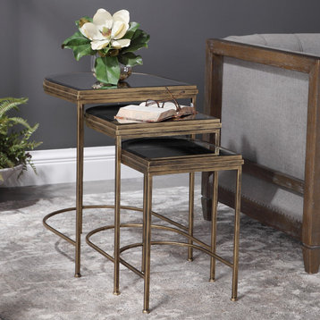 Demilune Half Oval Nesting Table Modern Bronze Metal Mirror Top, 3-Piece Set