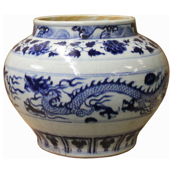 Chinese Blue White Porcelain Dragon Graphic Fat Body Vase Jar Hws1086