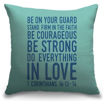 "1 Corinthians 16:13-14 - Scripture Art in Blue and Teal" Pillow 16"x16"