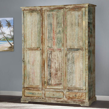 Woodsburgh White Washed Reclaimed Wood Large Wardrobe Armoire w Drawer