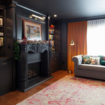 Monochromatic Fireside Elegance: A Radiant Transformation with Built-in Shelving