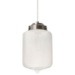 Besa Lighting - Besa Lighting 1JT-OLINFR-SN Olin - One Light Cord Pendant with Flat Canopy - Our Olin is a modern and interesting closed bottom cylindrical shape, with a gently pointed accent, its retro styling will gracefully blend into today's environments. Our Frost glass is clear pressed glass that has been etched to diffuse the light, resulting in a semi-translucent appearance. Unlit, it appears as simply a textured surface like satin, but when lit the glass has a calming glow. The smooth satin finish on the clear outer layer is a result of an extensive etching process. This handcrafted glass uses a process where every glass is consistently produced using a press mold, keeping variations to a minimum. The cord pendant fixture is equipped with a 10' SVT cordset and an low profile flat monopoint canopy. These stylish and functional luminaries are offered in a beautiful brushed Bronze finish.  Canopy Included: TRUE  Shade Included: TRUE  Cord Length: 120.00  Canopy Diameter: 5 x 5 x 0 Dimable: TRUEOlin One Light Cord Pendant with Flat Canopy Satin Nickel Frost GlassUL: Suitable for damp locations, *Energy Star Qualified: n/a  *ADA Certified: n/a  *Number of Lights: Lamp: 1-*Wattage:60w Medium base bulb(s) *Bulb Included:No *Bulb Type:Medium base *Finish Type:Satin Nickel