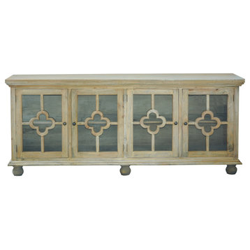 87" Clover Glass Door Credenza, Driftwood Brown Solid Wood Display Cabinet