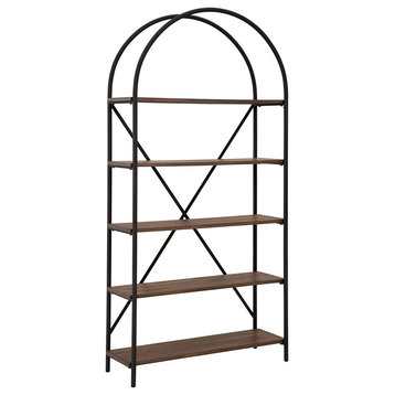 Bookcase, Metal Frame With X Back Support and 5 Open Shelves, Brown/Black