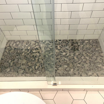 BATHROOM - Complete Remodel Tub-to-Shower White Cabinets, White Hex Floor