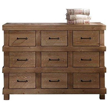 Contemporary Dresser, 9 Storage Drawers With Metal Handles, Antique Oak Finish