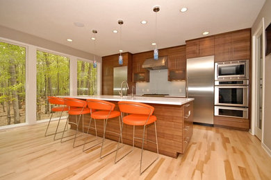 Kitchen - contemporary galley kitchen idea in Other with stainless steel appliances, flat-panel cabinets, medium tone wood cabinets and white backsplash