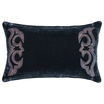 Stella Boot Stitch Faux Silk Velvet Lumbar Pillow, 14"x24", Midnight Blue Single
